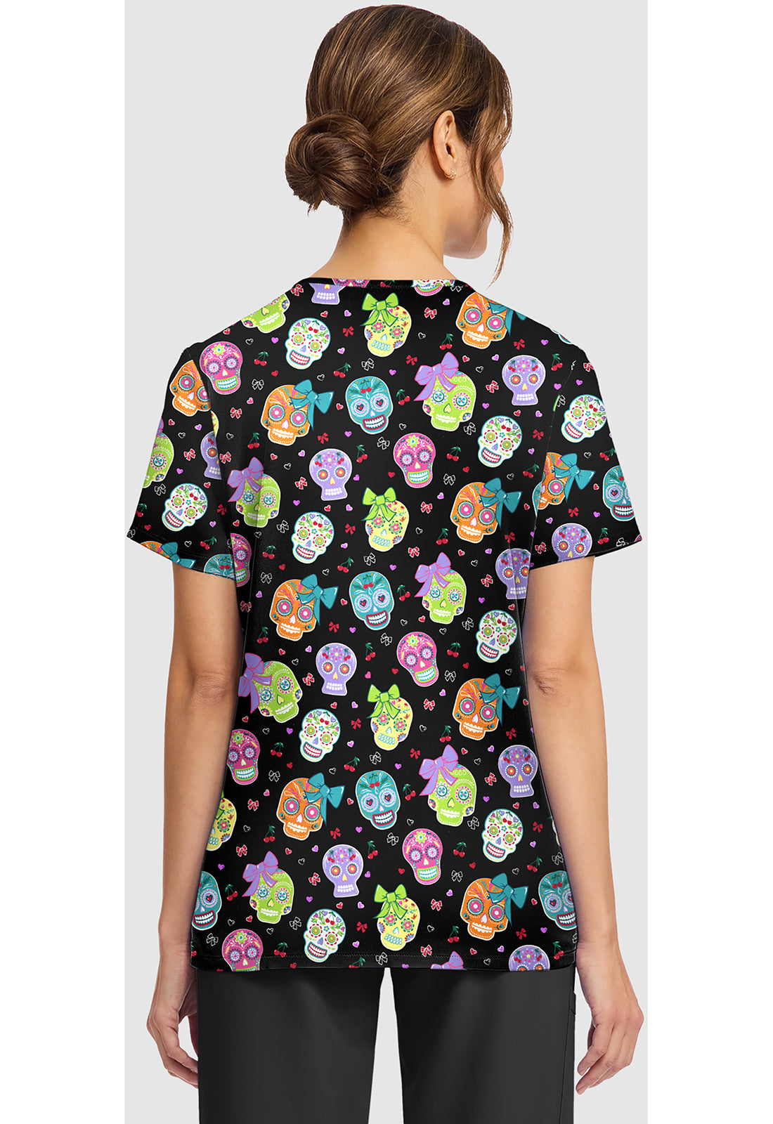 Genuine CK856 Women's Print V-Neck Scrub Top Sweety Skull