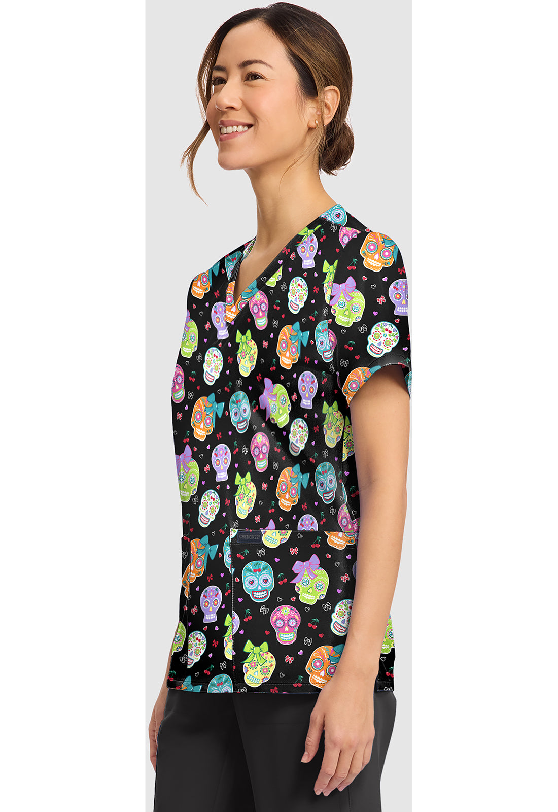 Genuine CK856 Women's Print V-Neck Scrub Top Sweety Skull