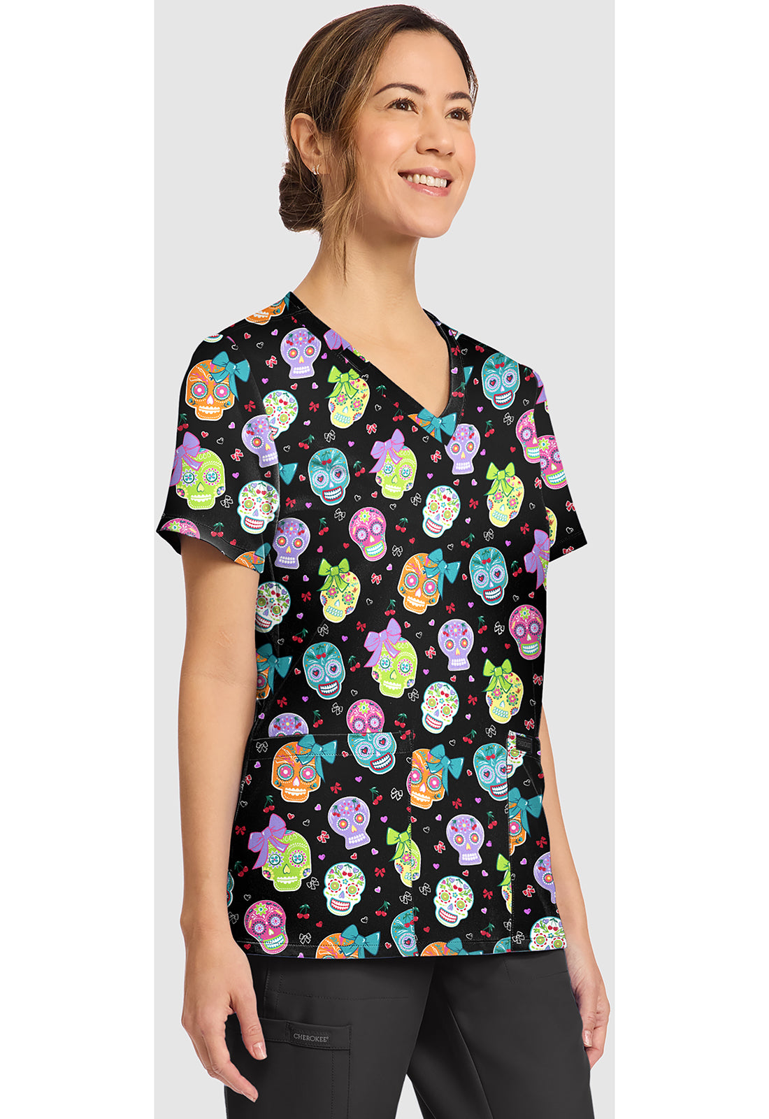 Genuine CK856 Women's Print V-Neck Scrub Top Sweety Skull