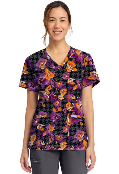 Cherokee Prints CK856 Women's Print V-Neck Top Velvet Floral