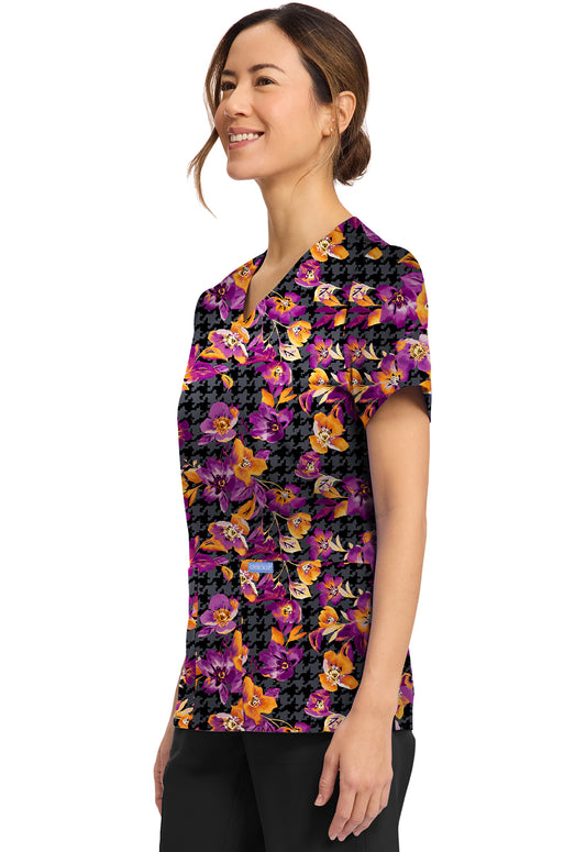Cherokee Prints CK856 Women's Print V-Neck Top Velvet Floral