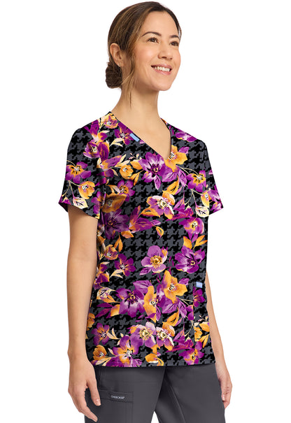 Cherokee Prints CK856 Women's Print V-Neck Top Velvet Floral