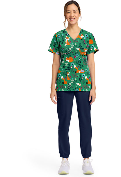 Cherokee Prints CK856 Women's Print V-Neck Top Wild Fox