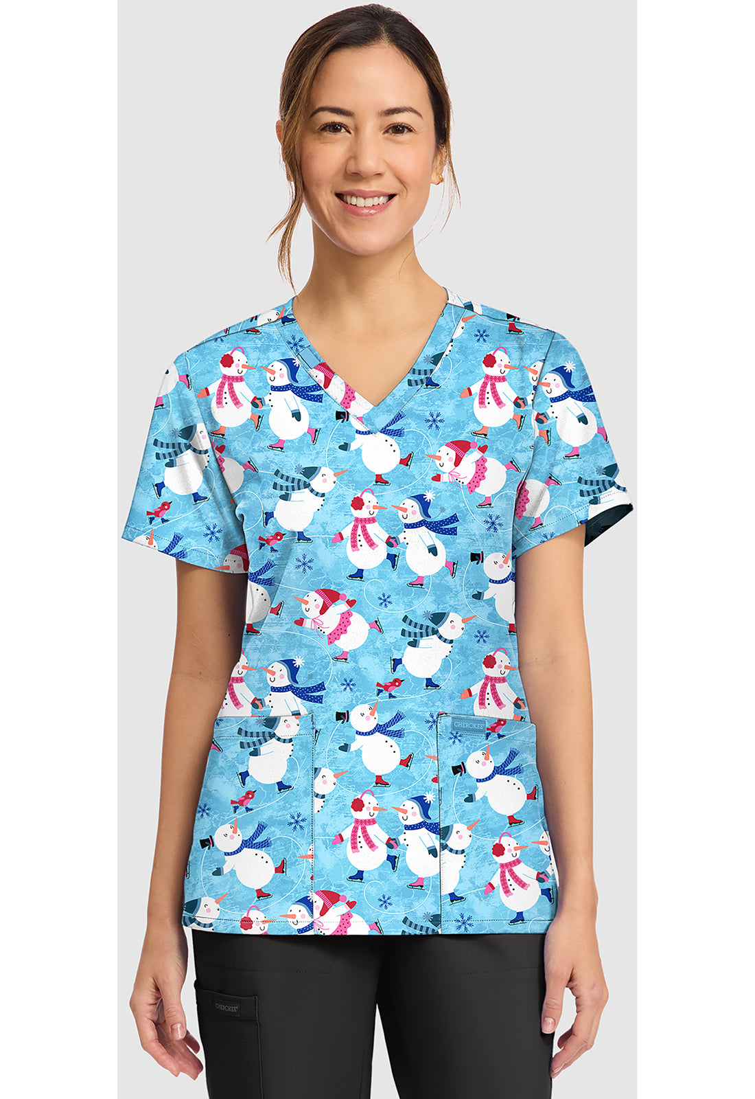 Genuine CK856 Women's Print V-Neck Scrub Top Winter Wonderland
