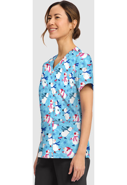 Genuine CK856 Women's Print V-Neck Scrub Top Winter Wonderland
