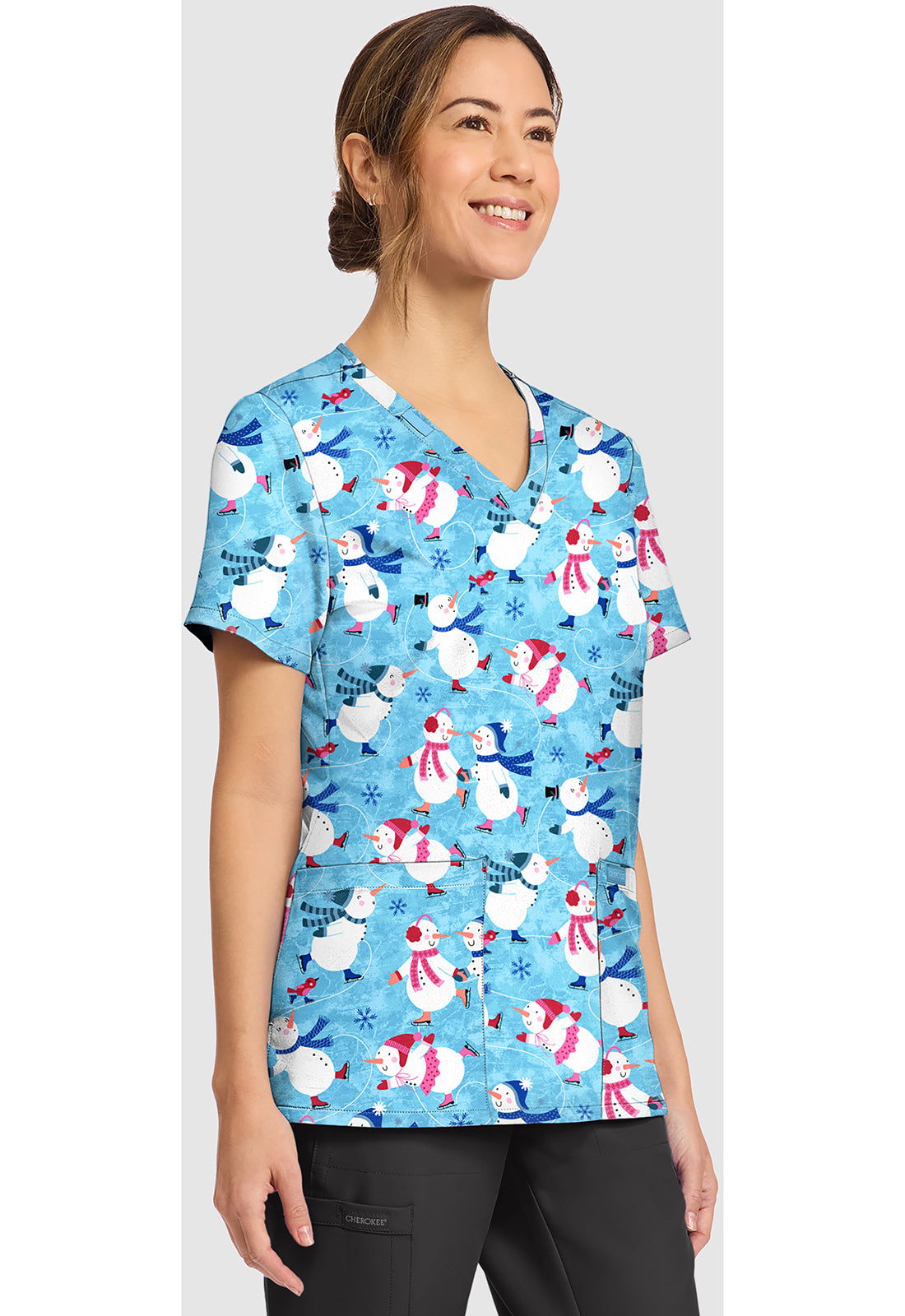 Genuine CK856 Women's Print V-Neck Scrub Top Winter Wonderland