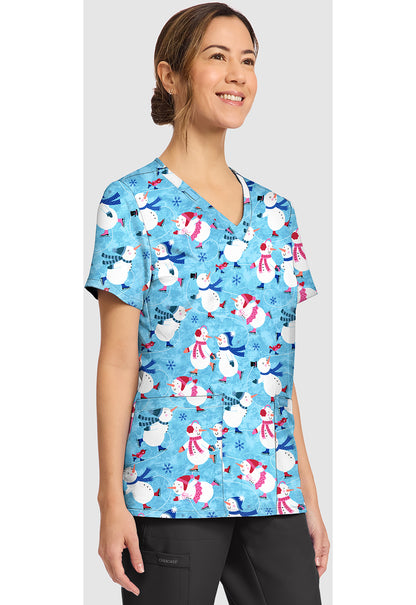 Genuine CK856 Women's Print V-Neck Scrub Top Winter Wonderland