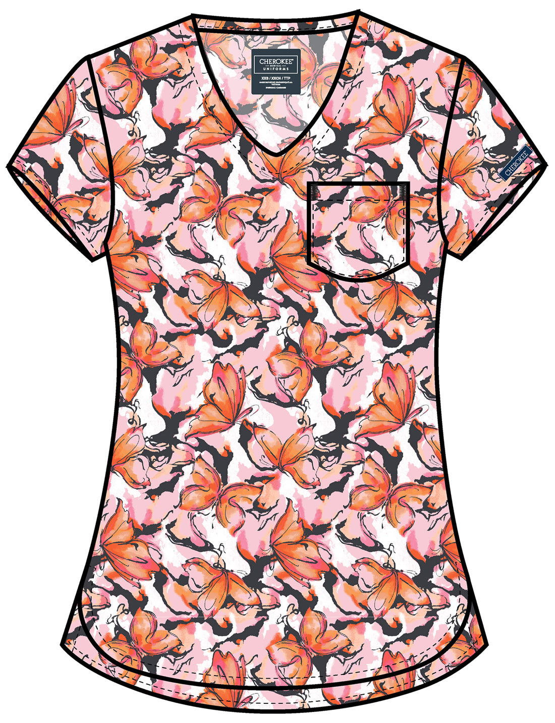 Genuine CK857 Women's High-Low V-Neck Scrub Top Active Butterfly