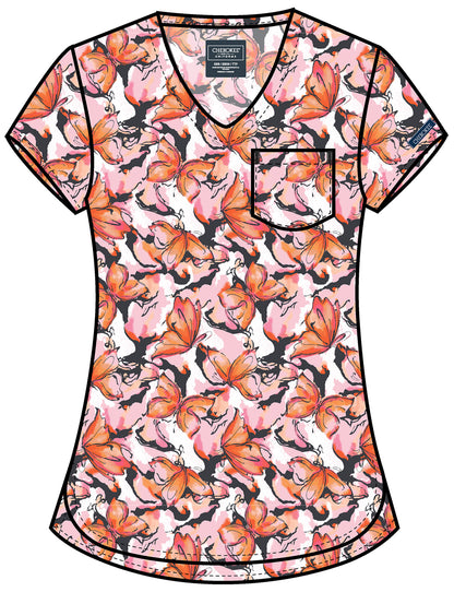 Genuine CK857 Women's High-Low V-Neck Scrub Top Active Butterfly