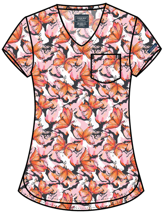 Genuine CK857 Women's High-Low V-Neck Scrub Top Active Butterfly