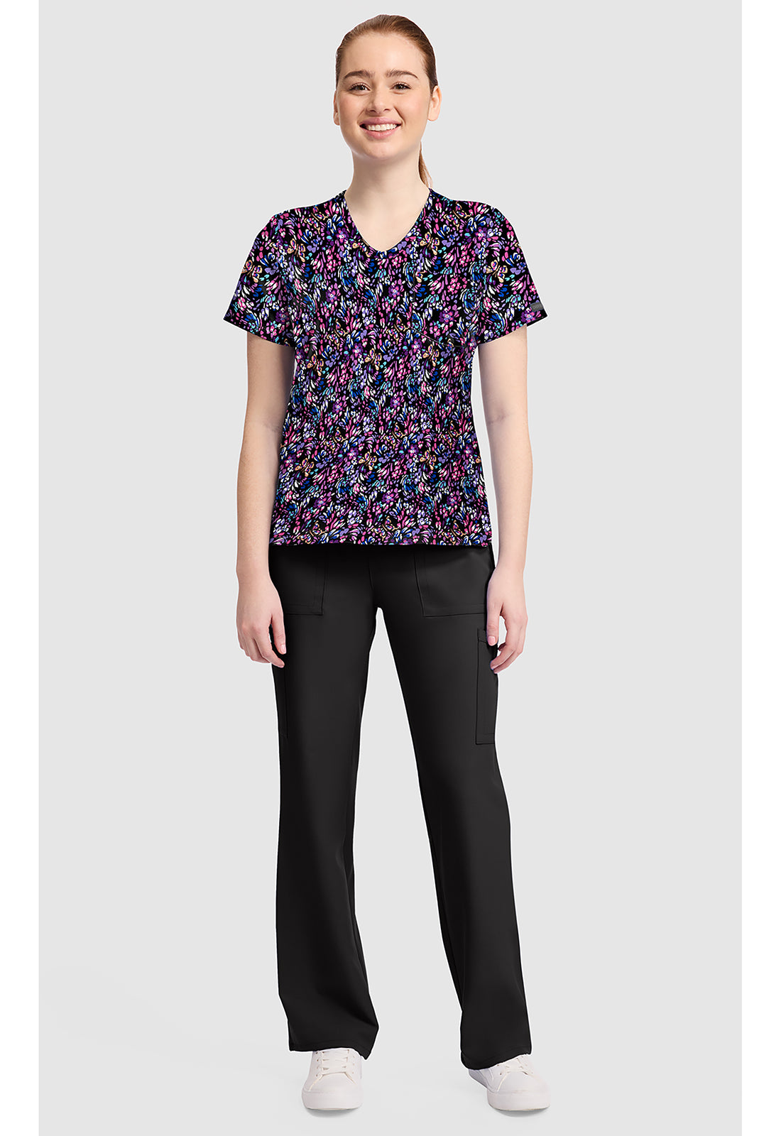 Genuine CK857 Women's High-Low V-Neck Scrub Top Butterfly Confetti
