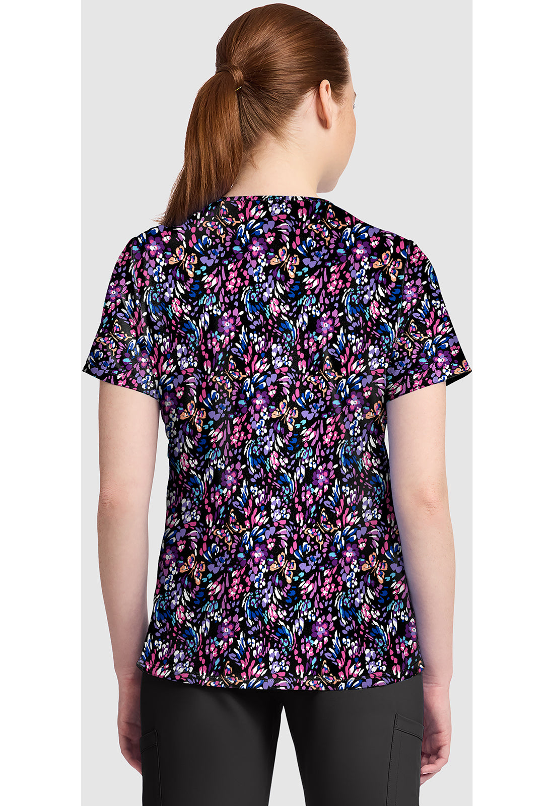 Genuine CK857 Women's High-Low V-Neck Scrub Top Butterfly Confetti