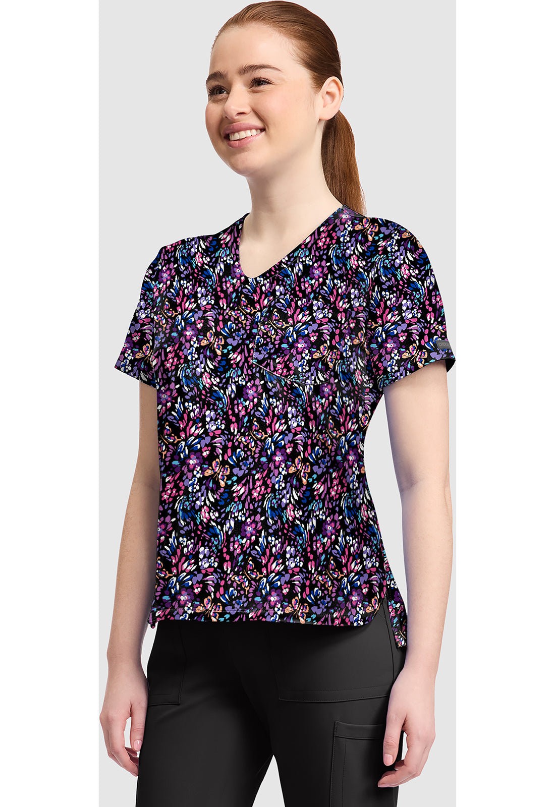 Genuine CK857 Women's High-Low V-Neck Scrub Top Butterfly Confetti
