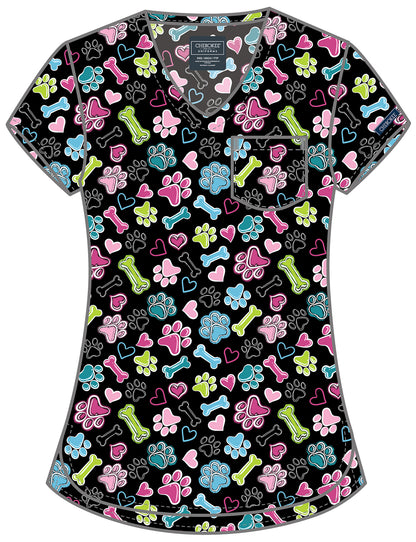 Genuine CK857 Women's High-Low V-Neck Scrub Top Doggy Doodle