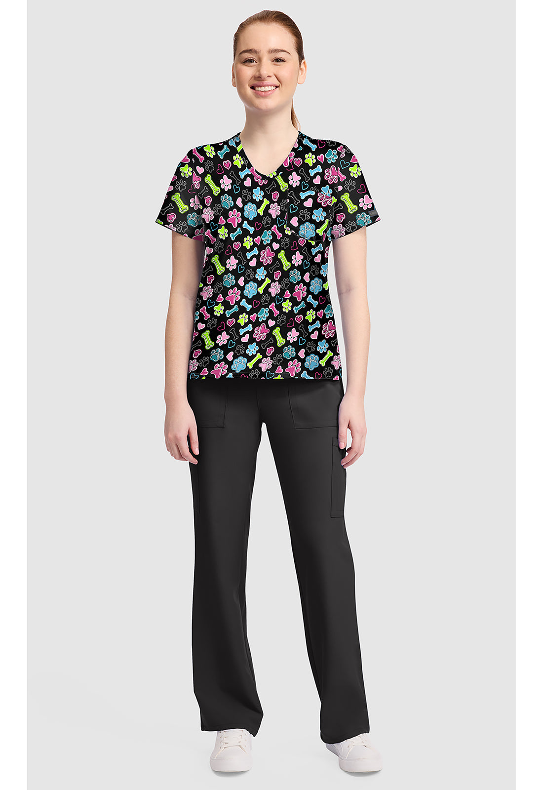 Genuine CK857 Women's High-Low V-Neck Scrub Top Doggy Doodle