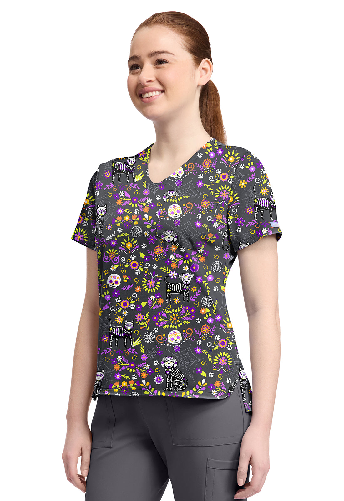 Cherokee Prints CK857 Women's High-Low V-Neck Top Day Of The Pets
