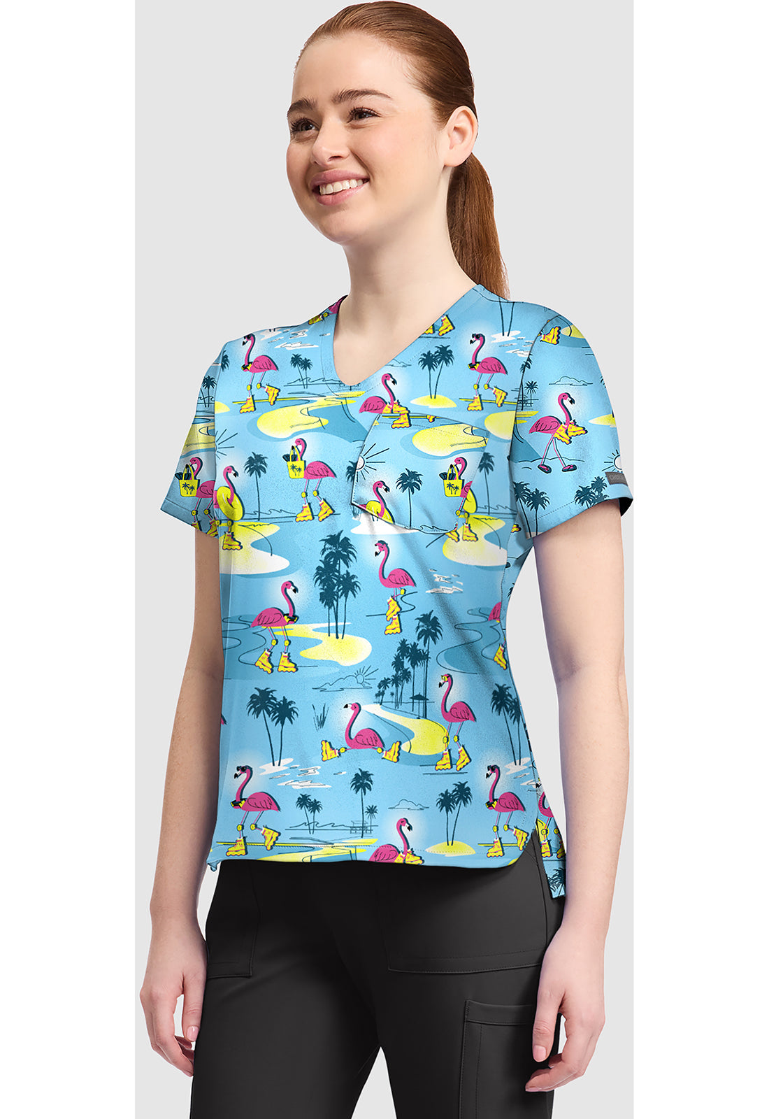 Genuine CK857 Women's High-Low V-Neck Scrub Top Flamazing Skaters
