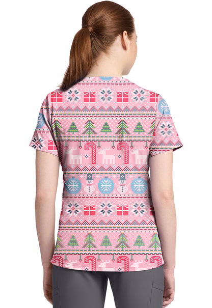 Cherokee Prints CK857 Women's High-Low V-Neck Top Festive Fair Isle