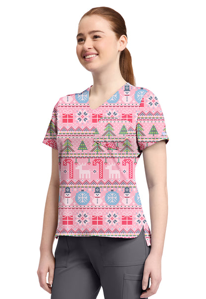 Cherokee Prints CK857 Women's High-Low V-Neck Top Festive Fair Isle