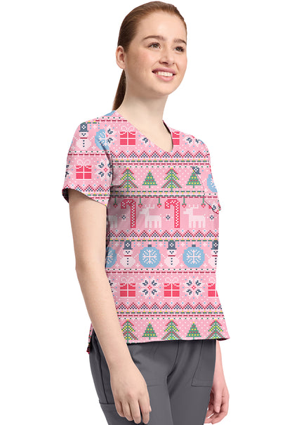 Cherokee Prints CK857 Women's High-Low V-Neck Top Festive Fair Isle