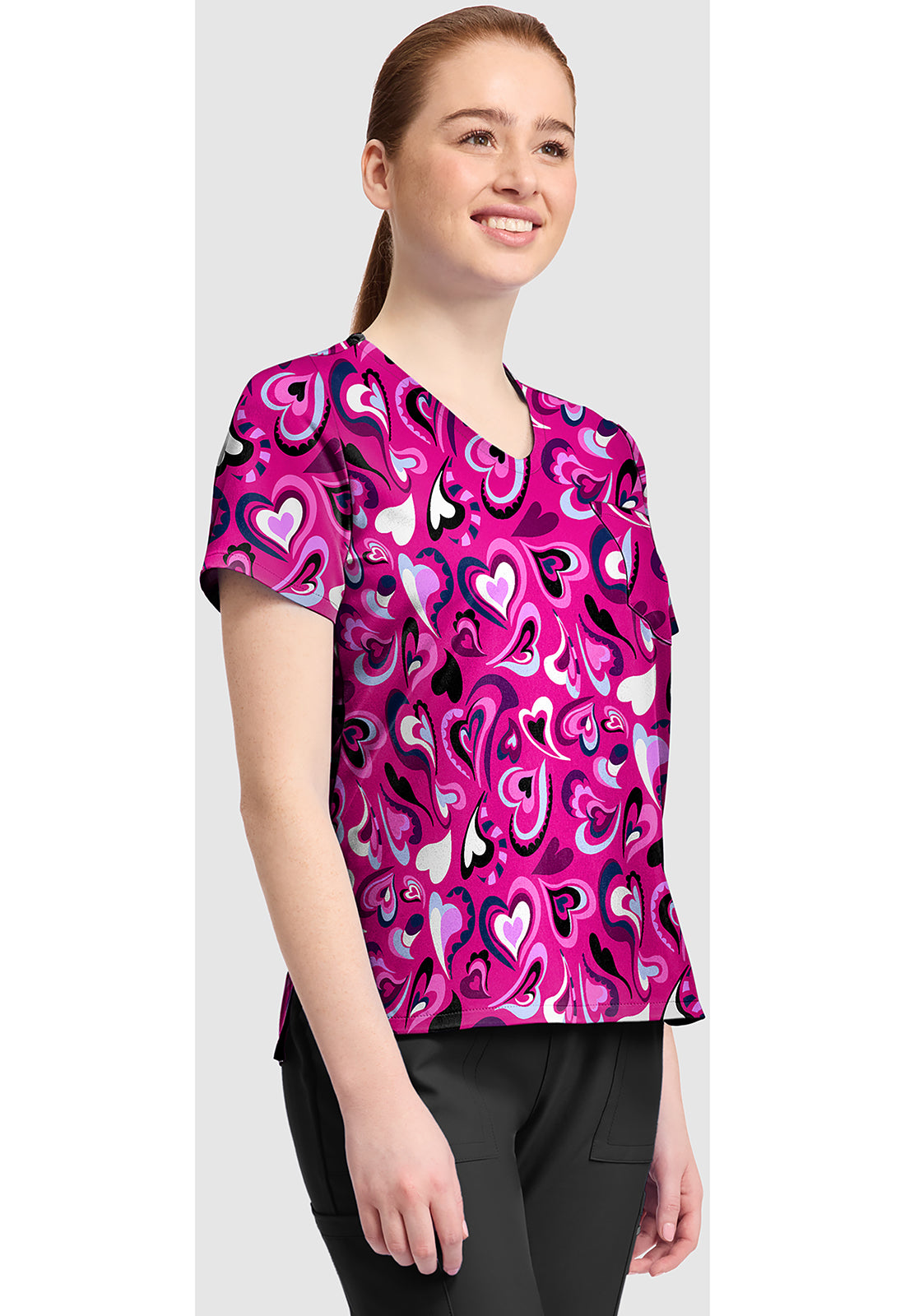 Genuine CK857 Women's High-Low V-Neck Scrub Top Pretty Hearts