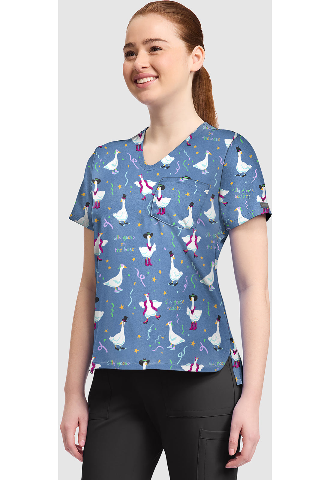 Genuine CK857 Women's High-Low V-Neck Scrub Top Silly Goose