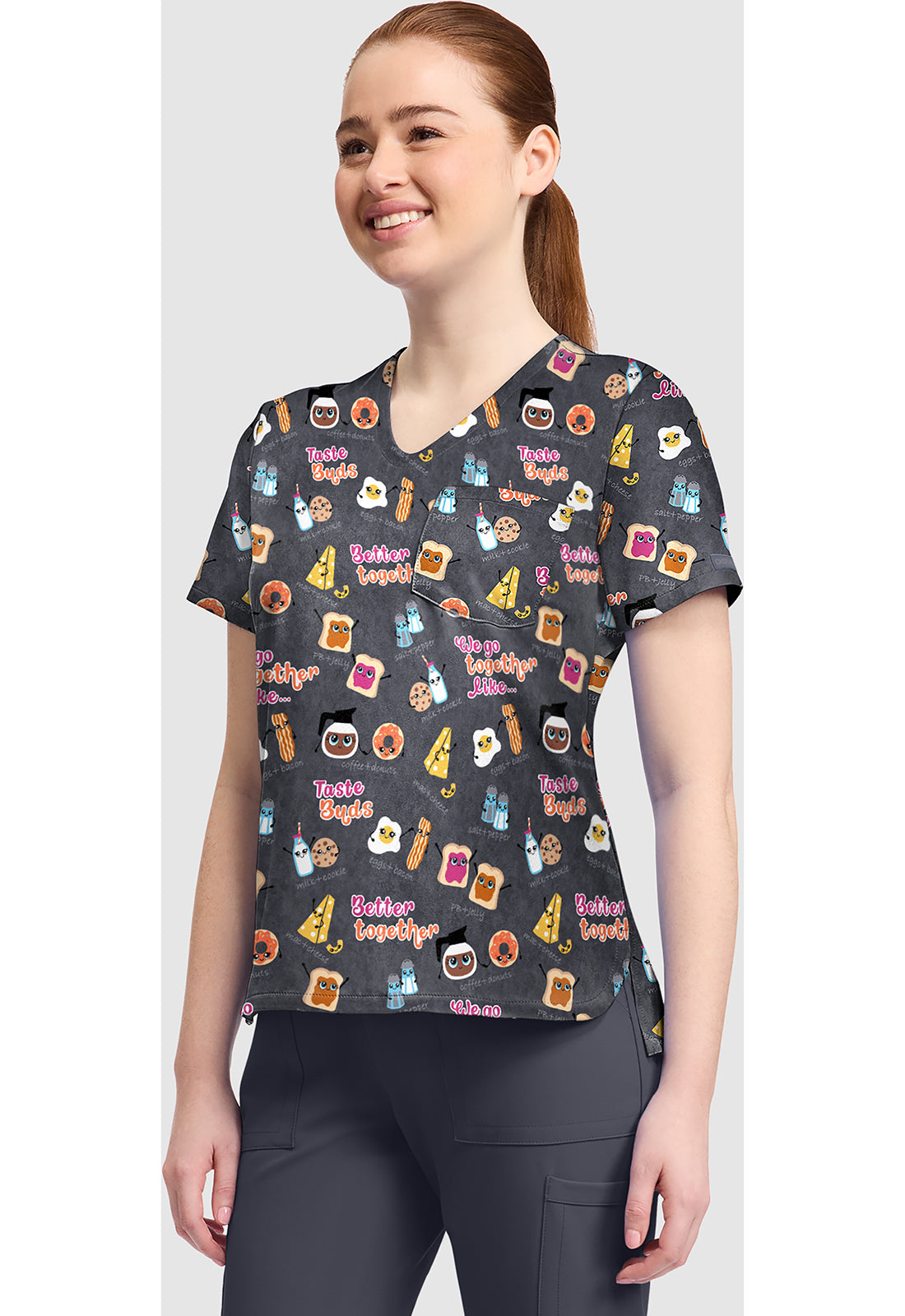 Genuine CK857 Women's High-Low V-Neck Scrub Top Taste Buds