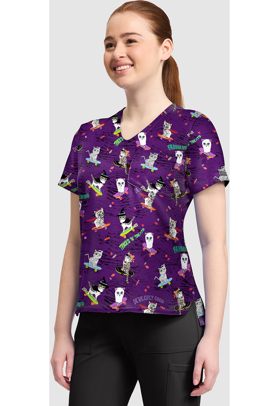 Genuine CK857 Women's High-Low V-Neck Scrub Top Tricks N Treats