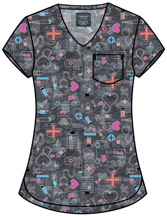 Genuine CK857 Women's High-Low V-Neck Scrub Top Wellness Icons
