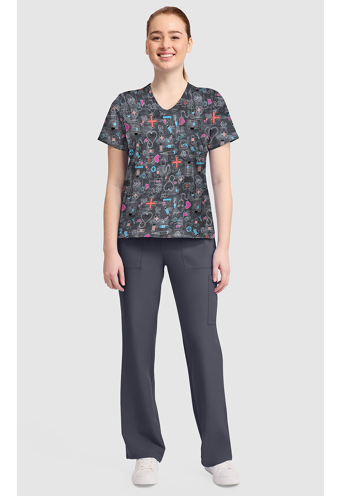 Genuine CK857 Women's High-Low V-Neck Scrub Top Wellness Icons