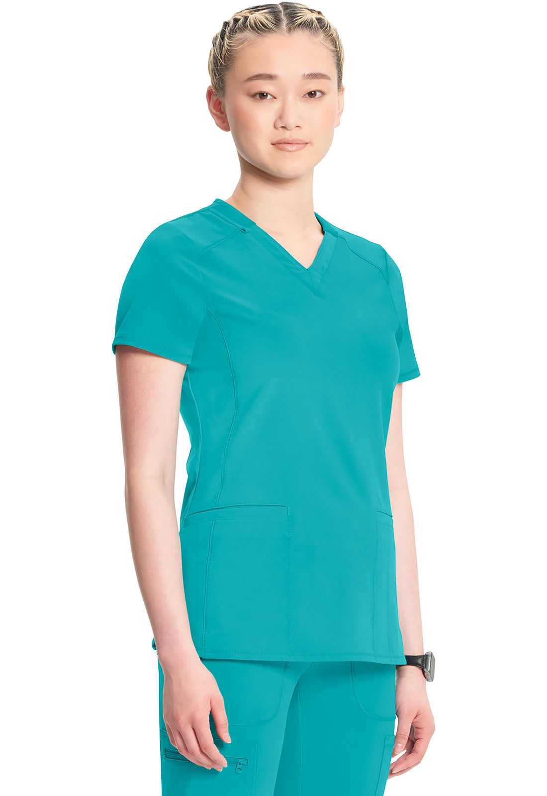 Classics CK865A V-Neck Top Teal Blue Model Image Left Side | Infinity