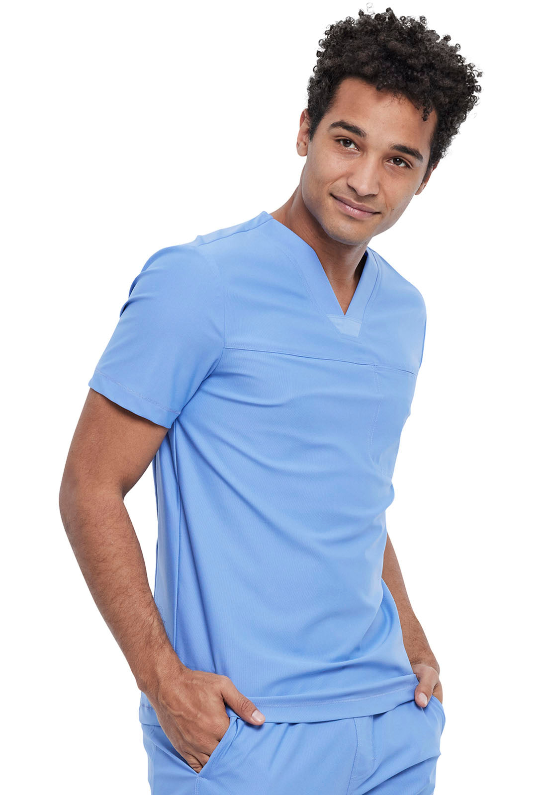 Form CK885 Men's Tuckable V-Neck Top Ciel Model Image Left Side | Cherokee