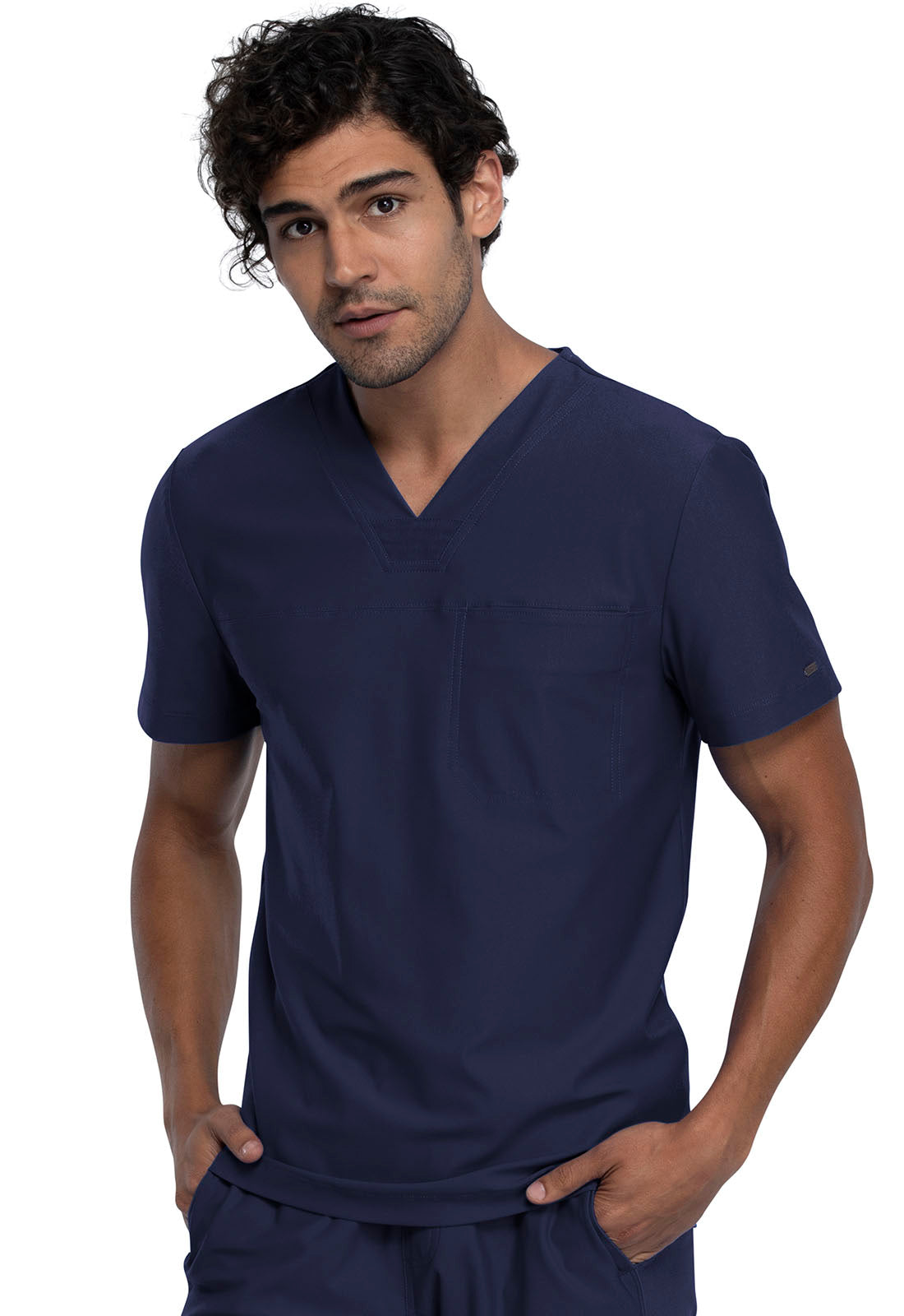 Form CK885 Men's Tuckable V-Neck Top Navy Model Image Right Side | Cherokee