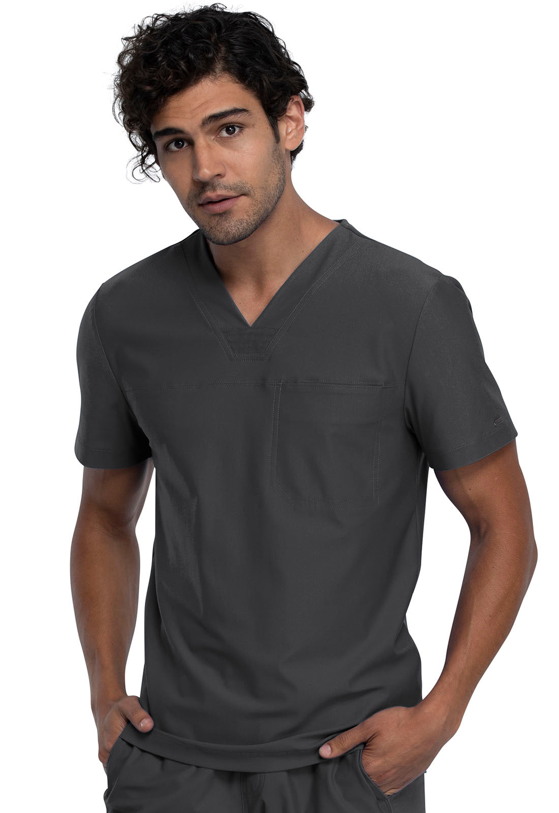 Form CK885 Men's Tuckable V-Neck Top Pewter Model Image Right Side | Cherokee