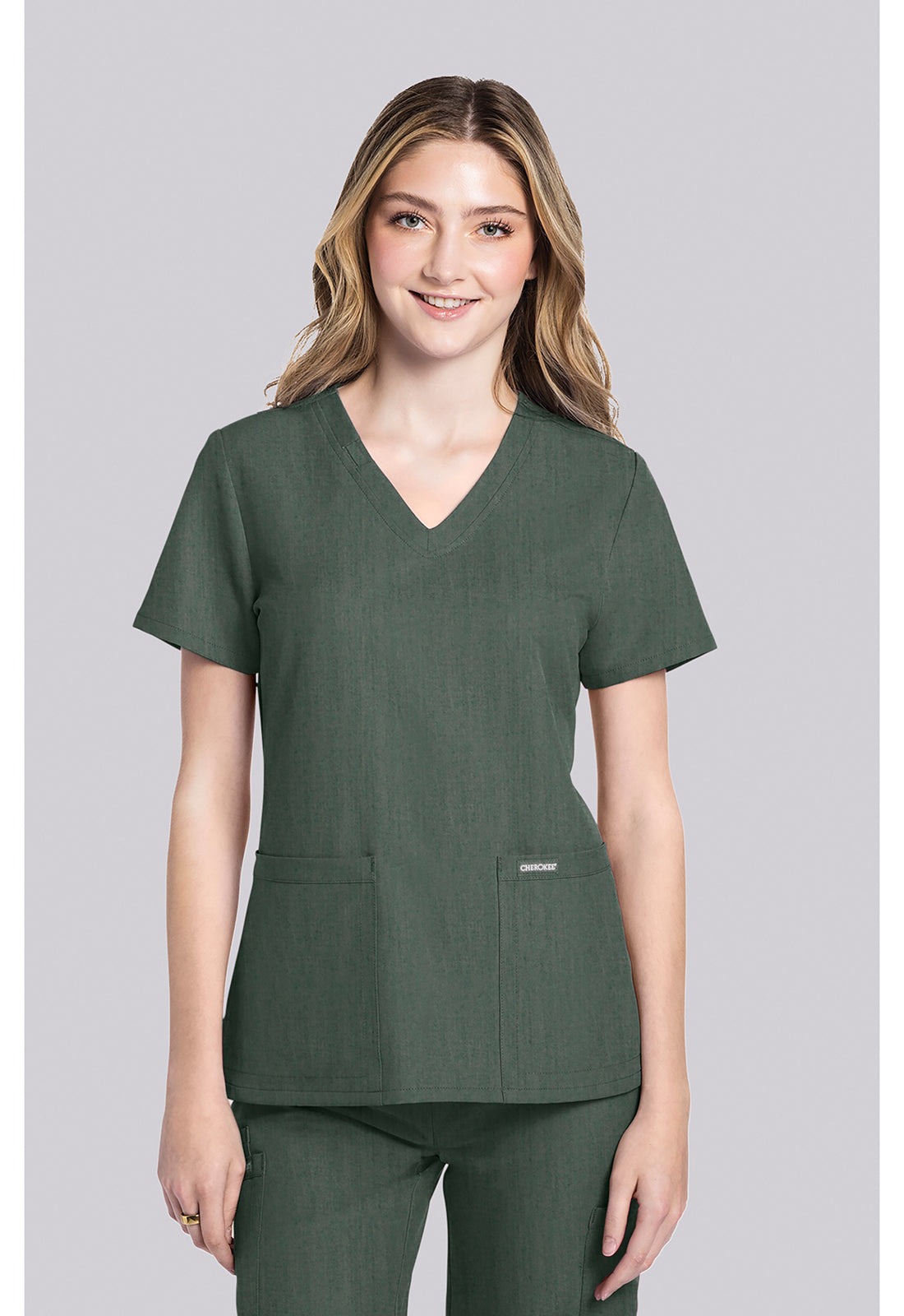 Workwear Originals Ultra CK953AV Women's 2 pocket V-Neck Scrub Top Heather Forest Moss