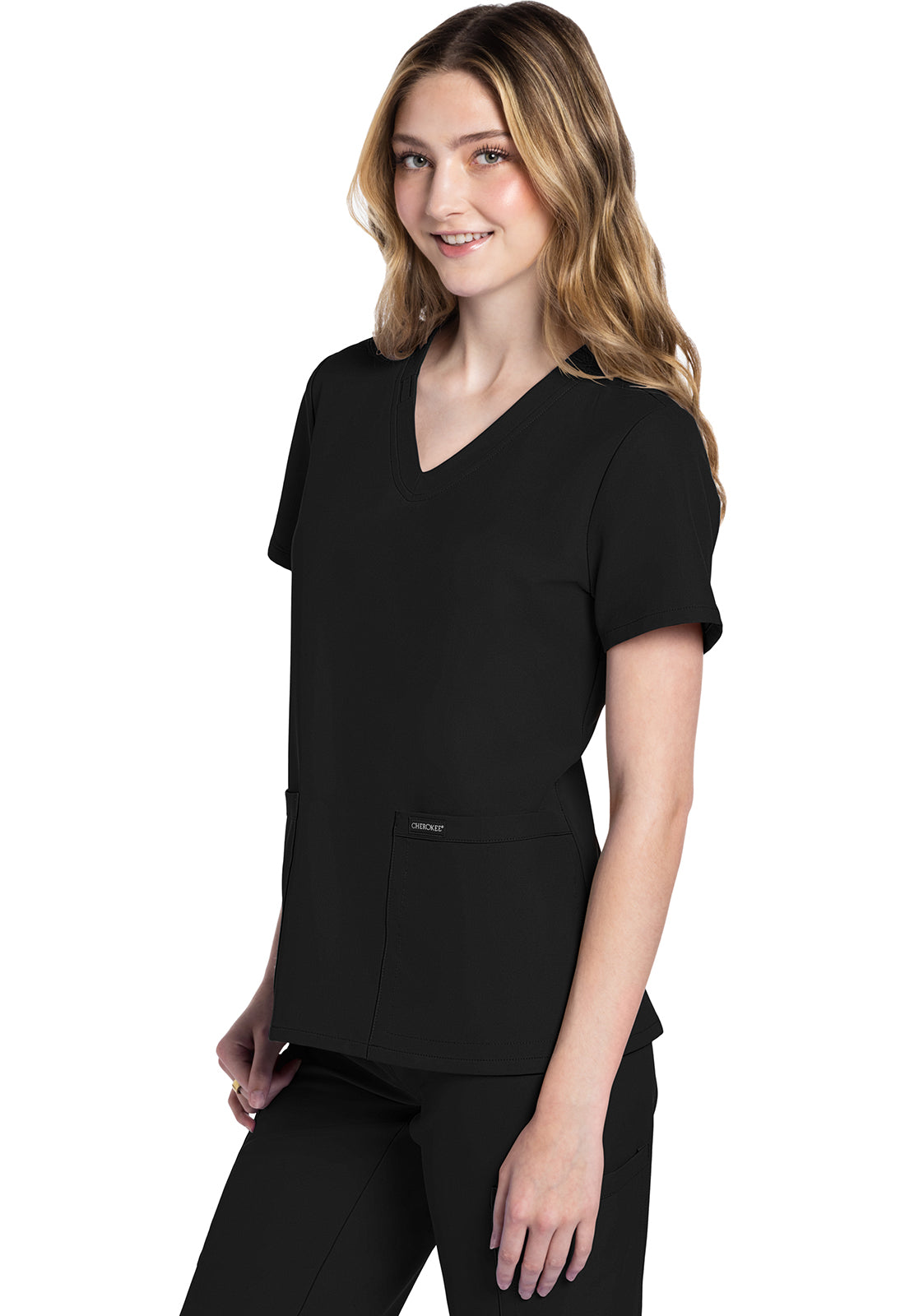 Originals Ultra CK953A V-Neck Top Black Model Image Right Side | Cherokee