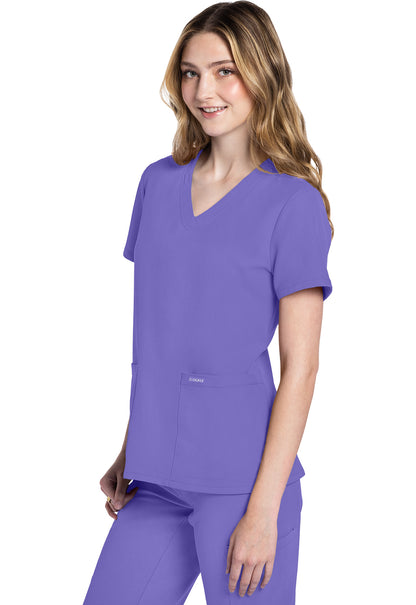 Originals Ultra CK953A V-Neck Top Electric Lavender Model Image Right Side | Cherokee