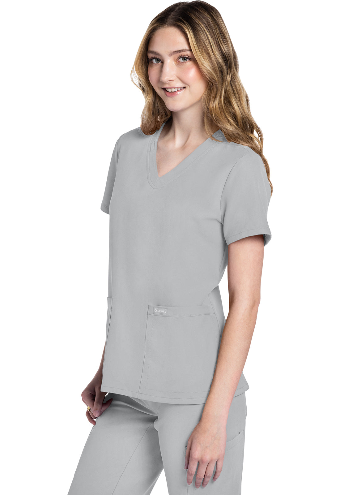 Originals Ultra CK953A V-Neck Top Grey Model Image Right Side | Cherokee