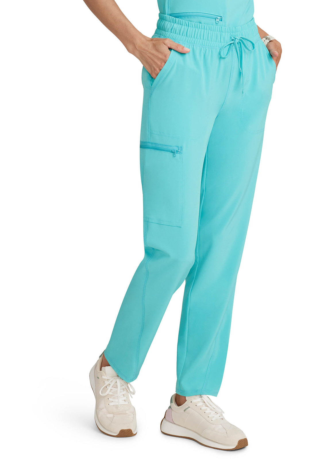 Allura CKA184 Mid Rise Drawstring Tapered Leg Pants Aqua Cove Model Image Left Side | Cherokee