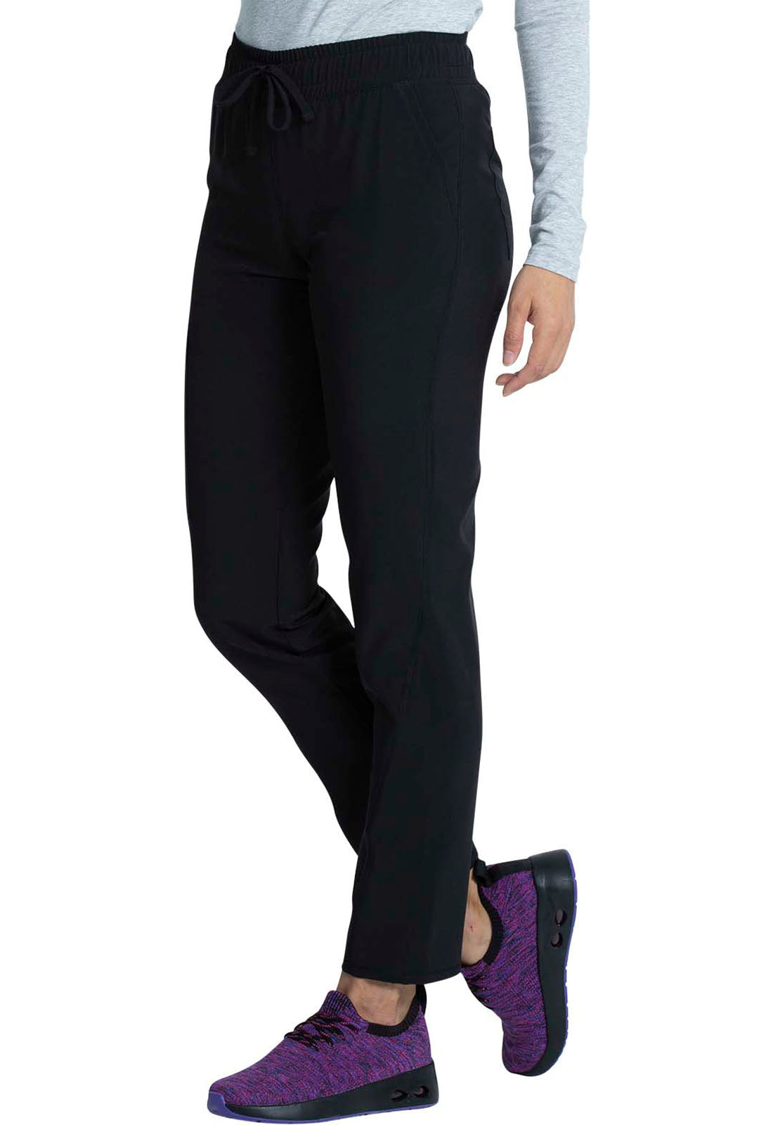 Allura CKA184 Mid Rise Drawstring Tapered Leg Pants Black Model Image Right Side | Cherokee