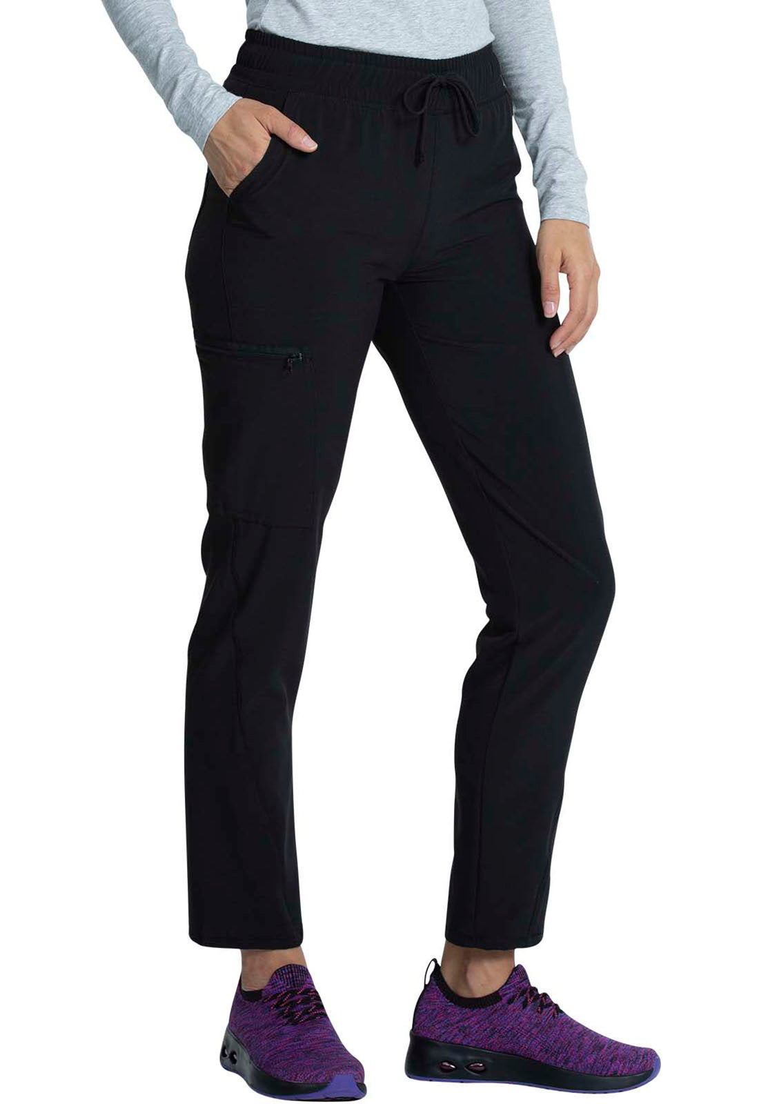 Allura CKA184 Mid Rise Drawstring Tapered Leg Pants Black Model Image Left Side | Cherokee