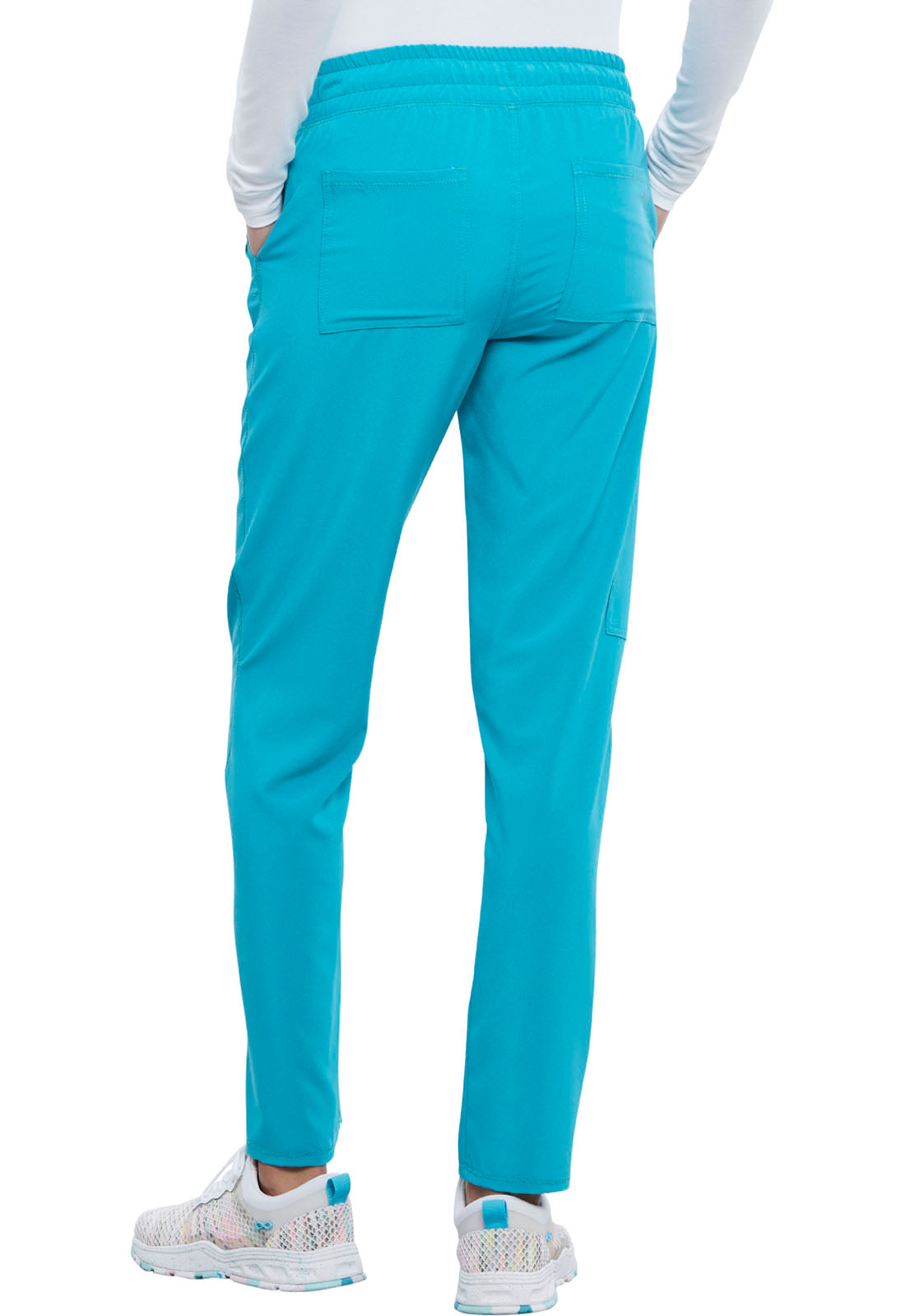 Allura CKA184 Mid Rise Drawstring Tapered Leg Pants Teal Blue Model Image Back | Cherokee