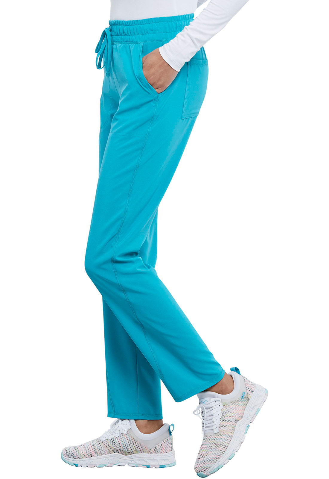 Allura CKA184 Mid Rise Drawstring Tapered Leg Pants Teal Blue Model Image Right Side | Cherokee