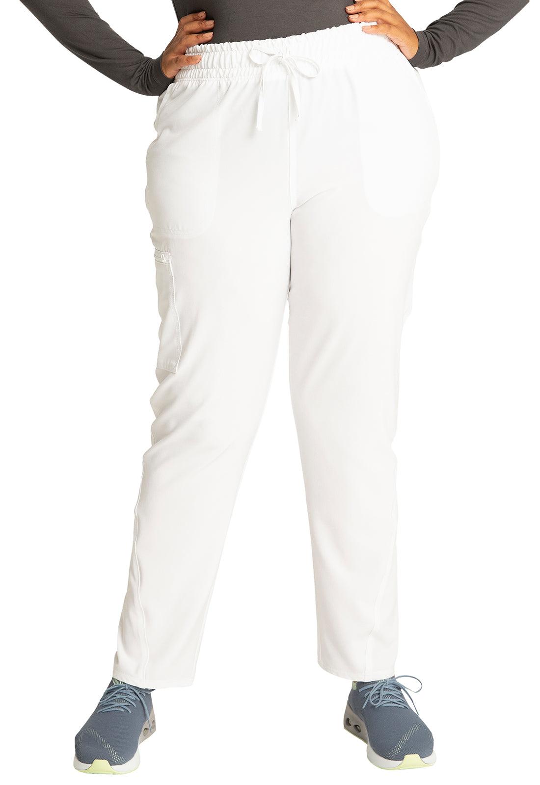 Allura CKA184 Mid Rise Drawstring Tapered Leg Pants White Model Image Front | Cherokee