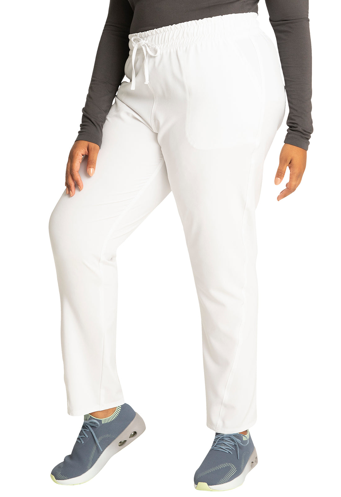 Allura CKA184 Mid Rise Drawstring Tapered Leg Pants White Model Image Right Side | Cherokee