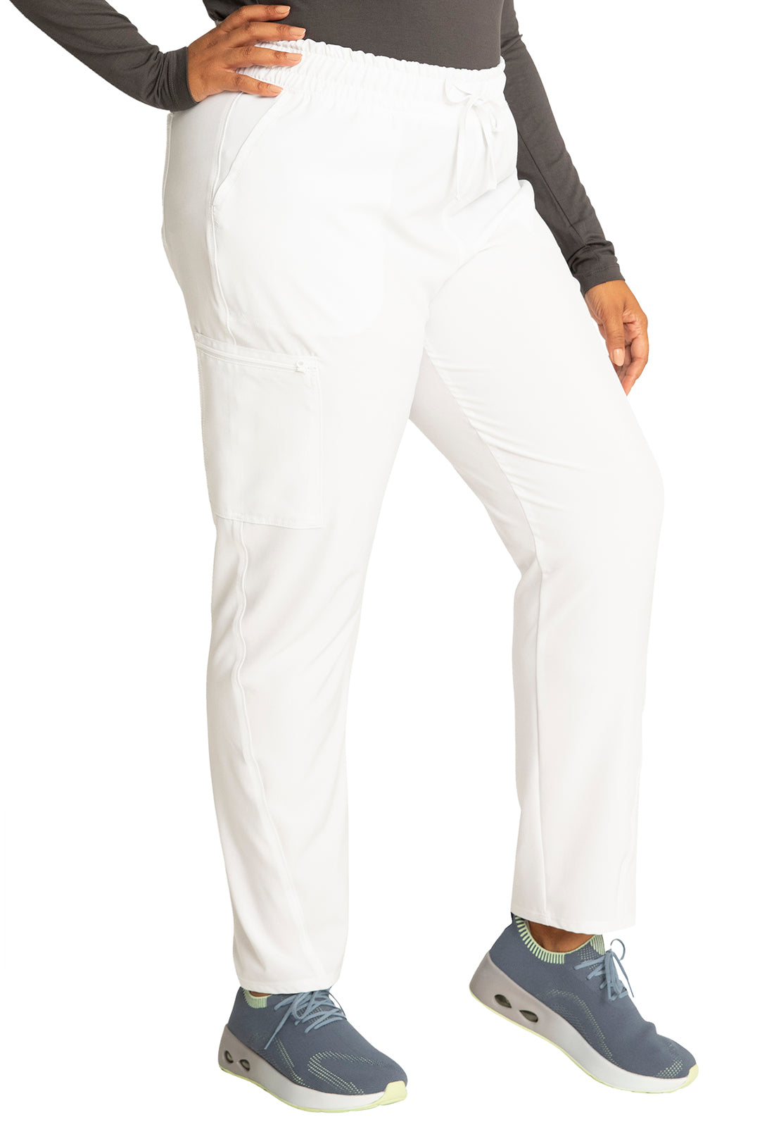 Allura CKA184 Mid Rise Drawstring Tapered Leg Pants White Model Image Left Side | Cherokee