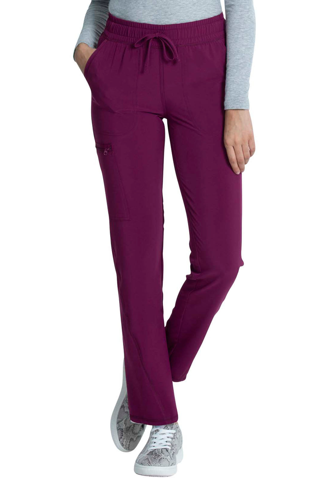 Allura CKA184 Mid Rise Drawstring Tapered Leg Pants Wine Model Image Front | Cherokee