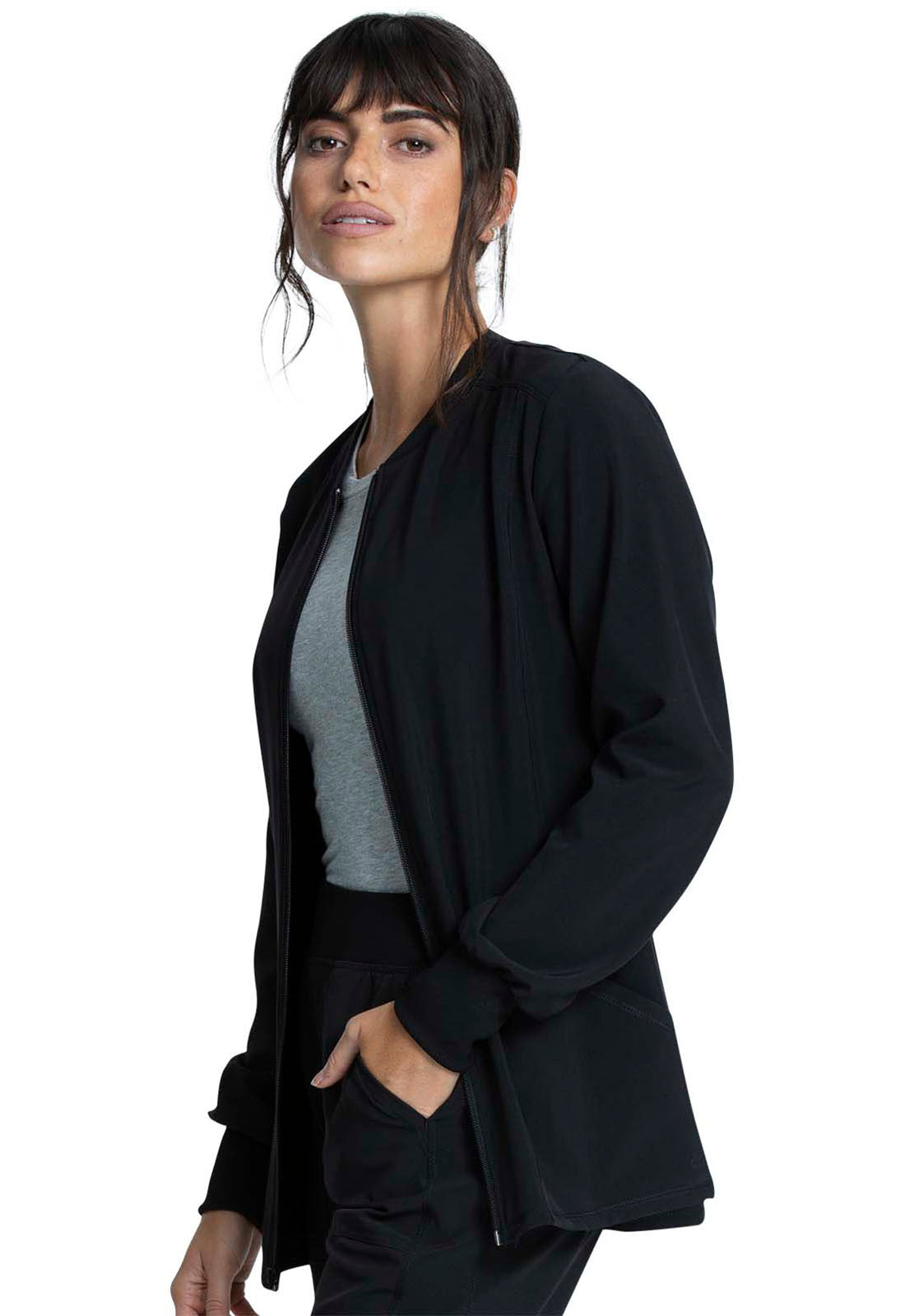 Allura CKA384 Zip Front Jacket Black Model Image Right Side | Cherokee