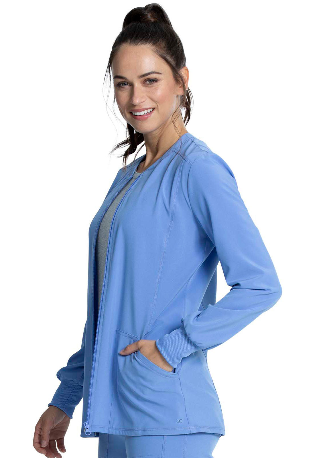 Allura CKA384 Zip Front Jacket Ciel Model Image Right Side | Cherokee