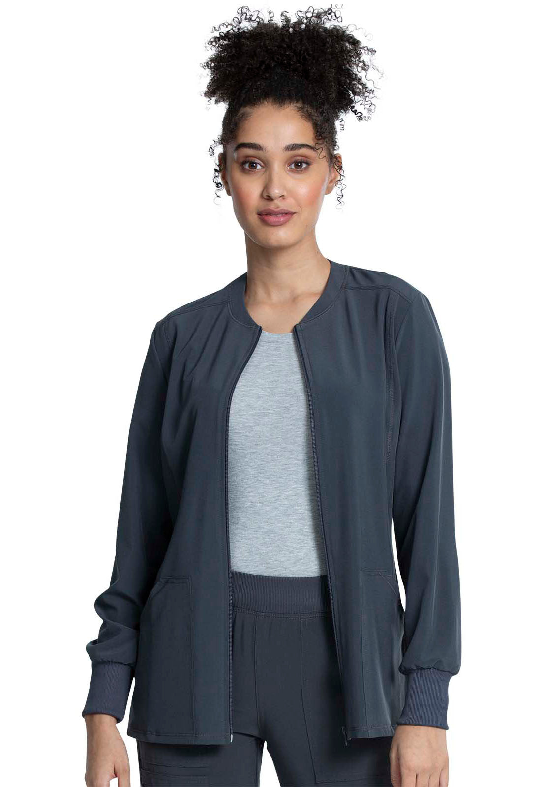 Allura CKA384 Zip Front Jacket Pewter Model Image Front | Cherokee